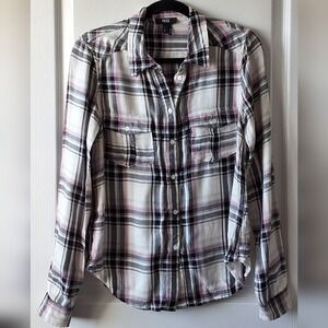 Paige Plaid Viscose Button-Up Shirt – Cream, Evening Blue & Orchard – Size Small